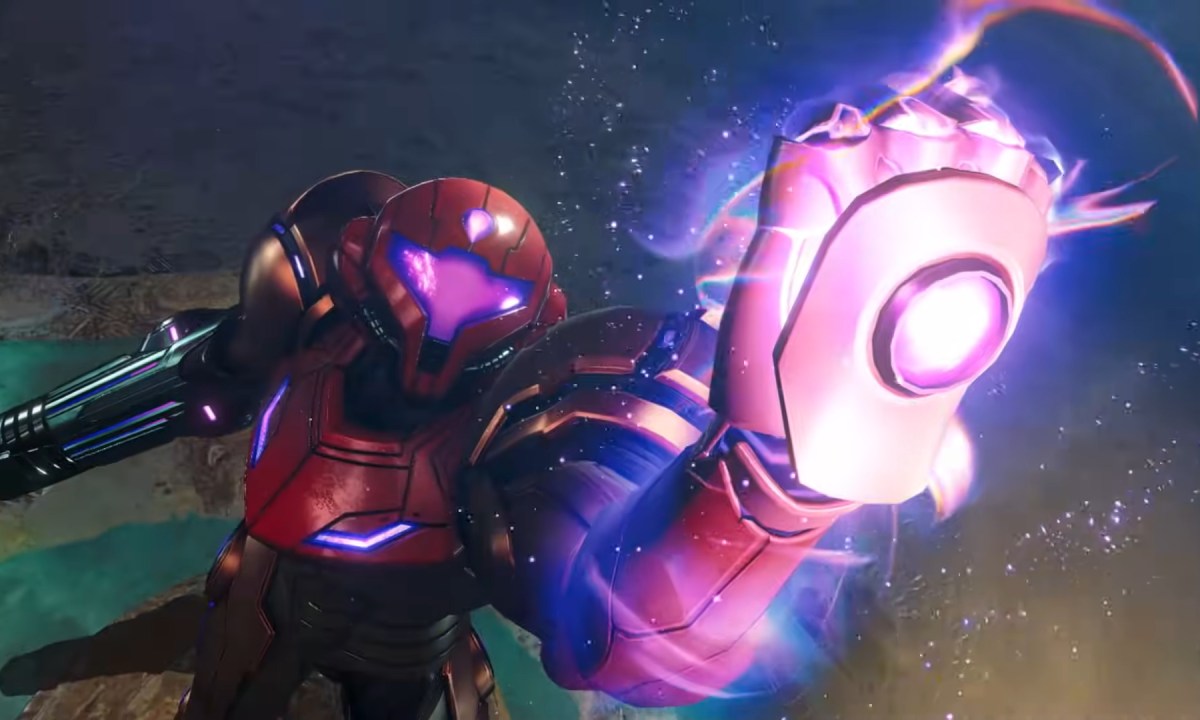 Samus holding up a glowing fist in Metroid Prime 4.