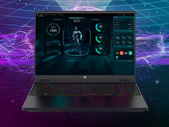 The Acer Predator Helios 16 gaming laptop with a game on its screen against an electric background.