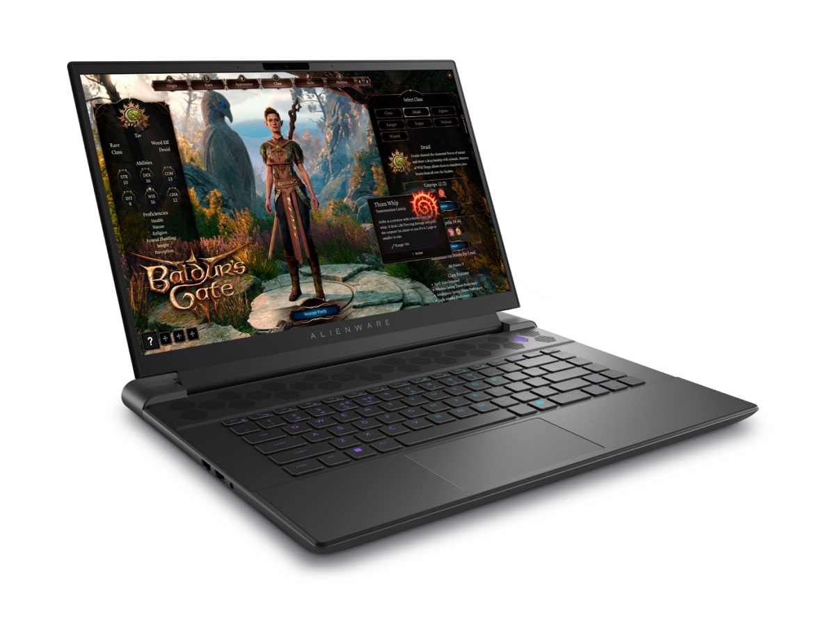 The Alienware m16 gaming laptop with Baldur's Gate 3 on the screen.