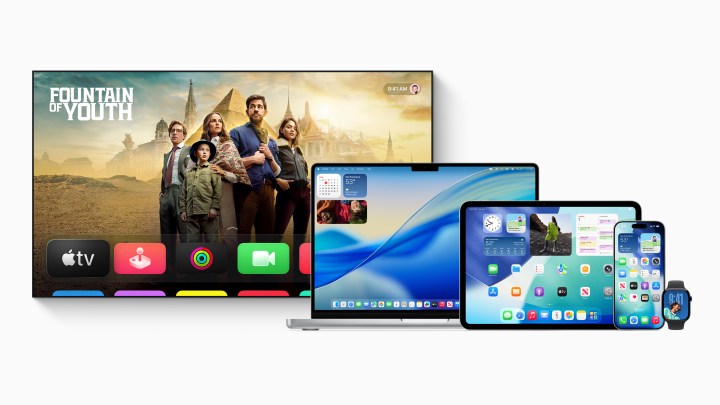 Apple Liquid Glass design across a TV, mac, iPad, iPhone and Watch