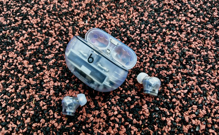 Beats Studio Buds+ in Transparent case open with earbuds outside