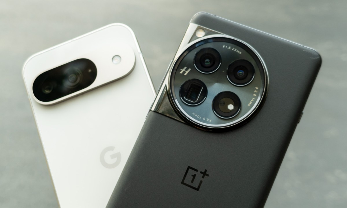 The Pixel 9 and OnePlus 12 held at angles.