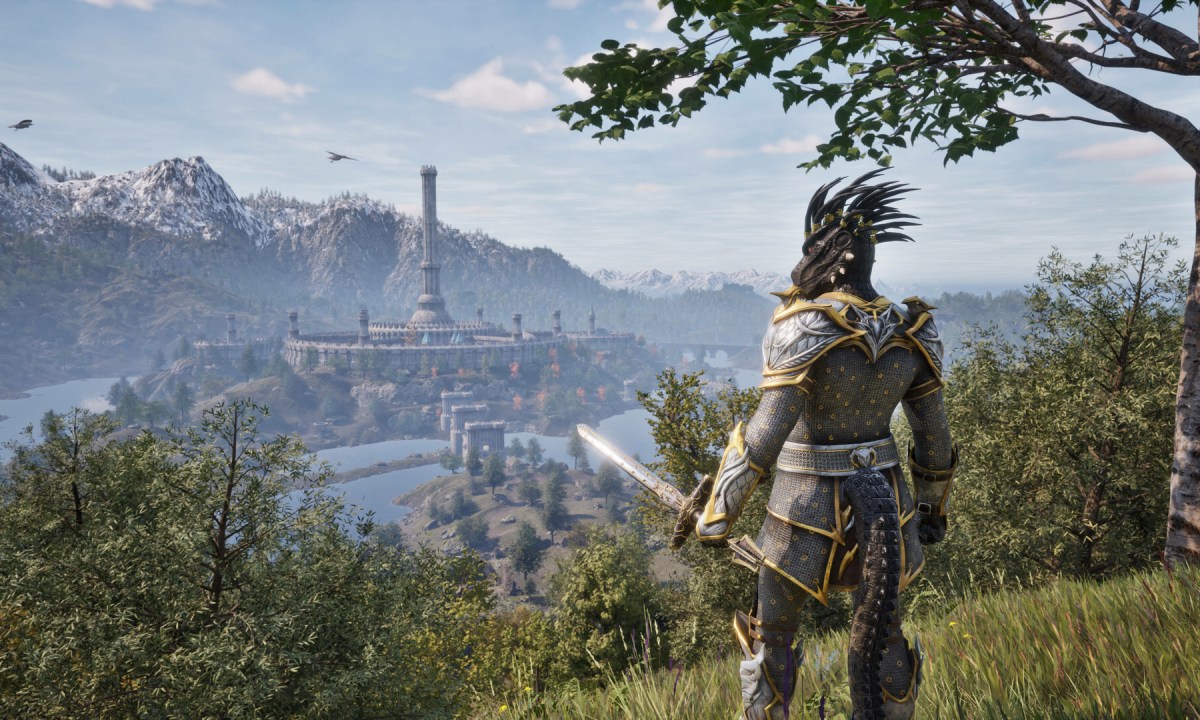 A lizard looks down on a town in The Elder Scrolls IV: Oblivion Remastered.